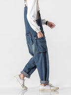 Men's Distressed Denim Multi-Pocket Overalls with Suspenders-Modylol