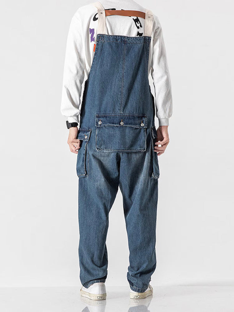Men's Distressed Denim Multi-Pocket Overalls with Suspenders-Modylol