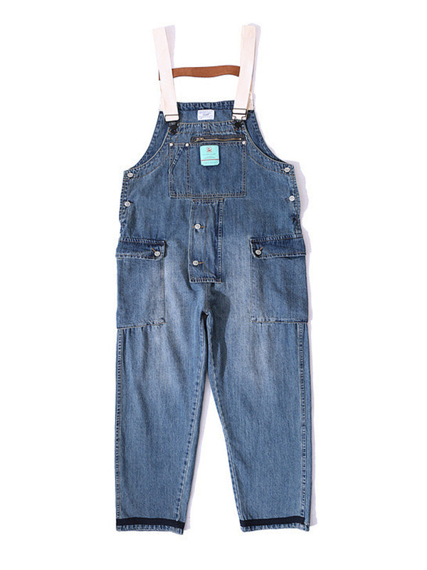 Men's Distressed Denim Multi-Pocket Overalls with Suspenders-Modylol