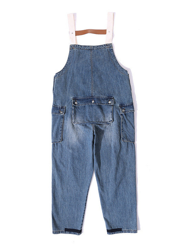 Men's Distressed Denim Multi-Pocket Overalls with Suspenders-Modylol