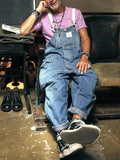Men's Distressed Denim Multi-Pocket Overalls with Suspenders-Modylol