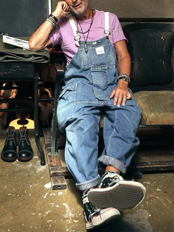 Men's Distressed Denim Multi-Pocket Overalls with Suspenders-Modylol
