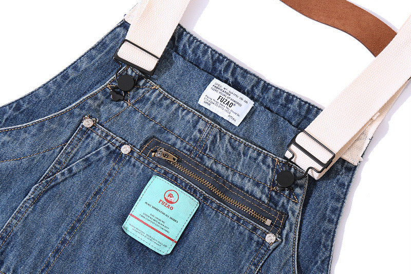 Men's Distressed Denim Multi-Pocket Overalls with Suspenders-Modylol