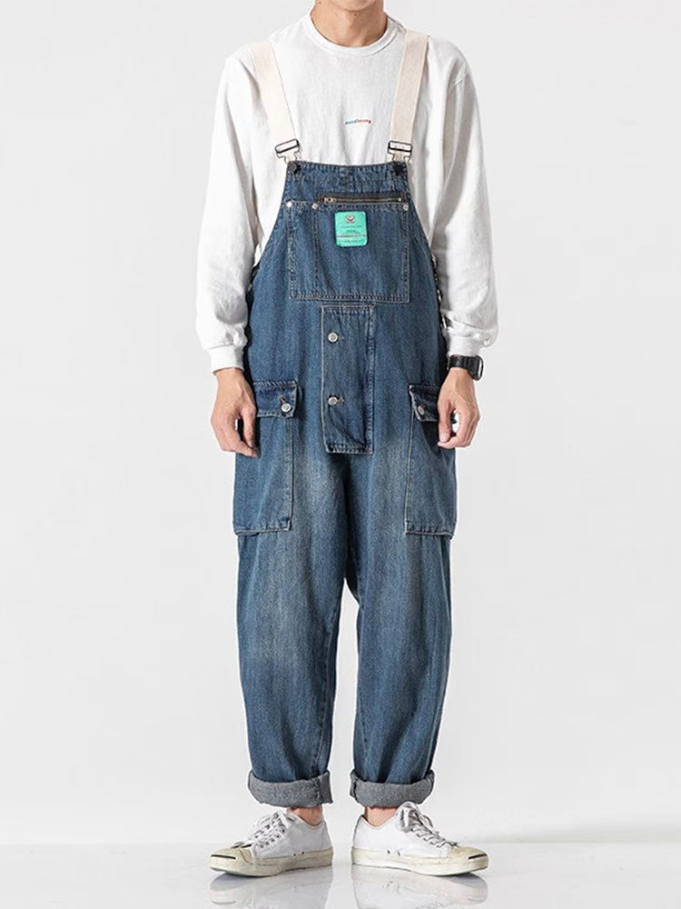 Men's Distressed Denim Multi-Pocket Overalls with Suspenders-Modylol
