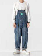 Men's Distressed Denim Multi-Pocket Overalls with Suspenders-Modylol