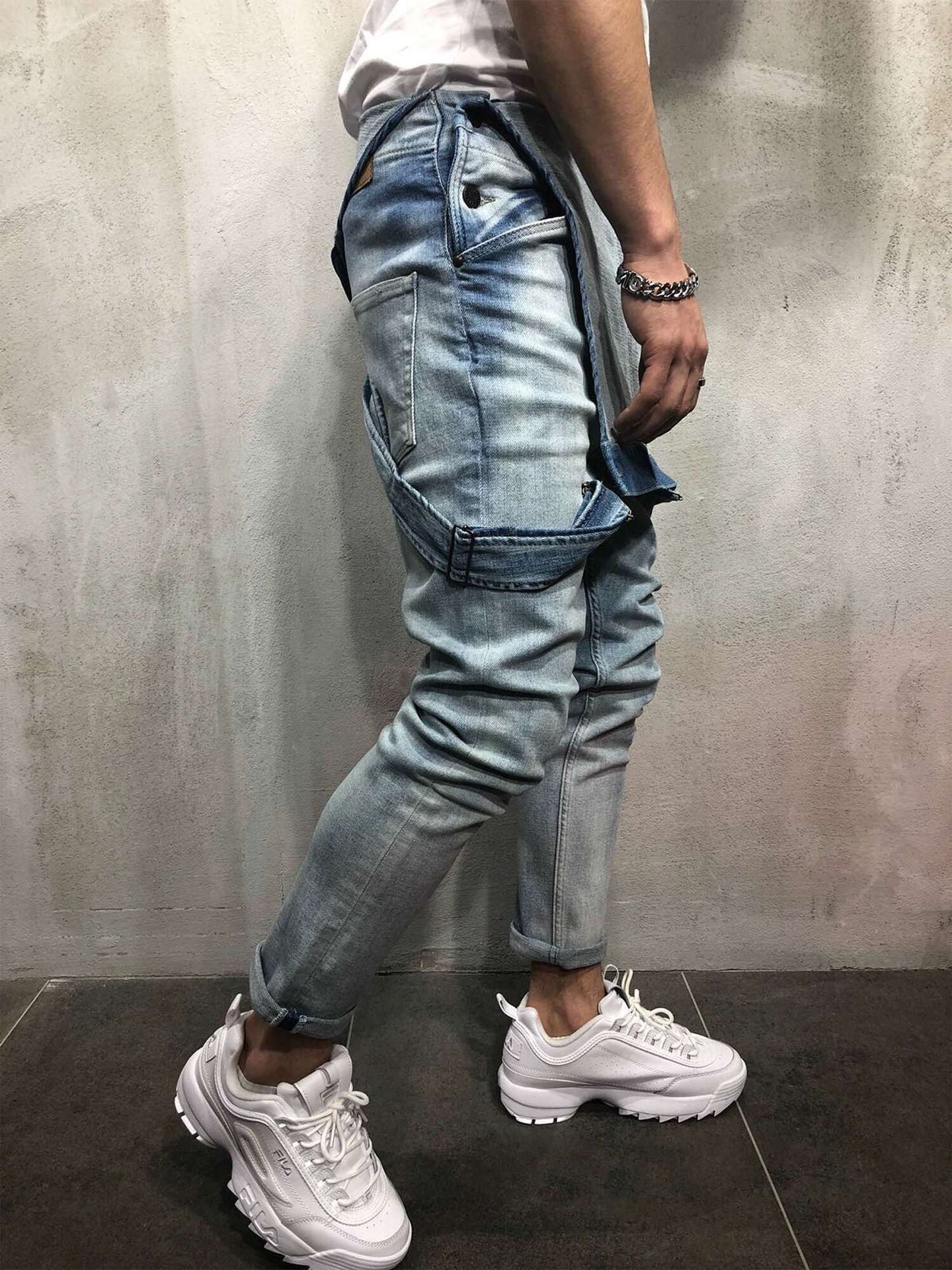 Men's Distressed Skinny Fit Denim Overalls-Modylol
