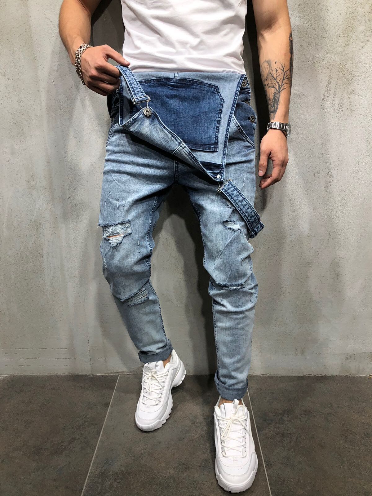 Men's Distressed Skinny Fit Denim Overalls-Modylol
