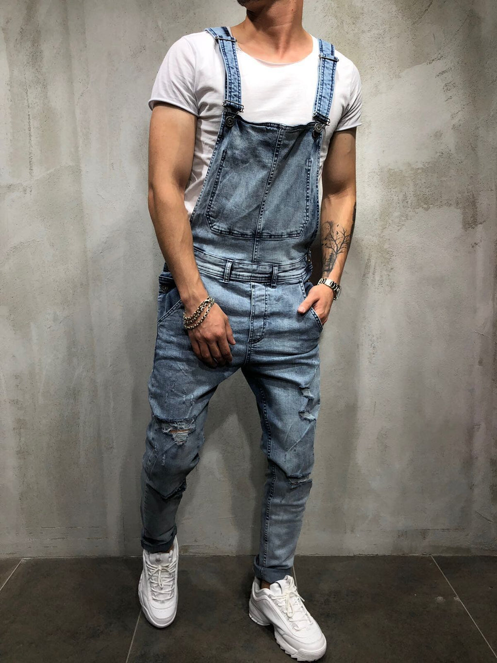 Men's Distressed Skinny Fit Denim Overalls-Modylol