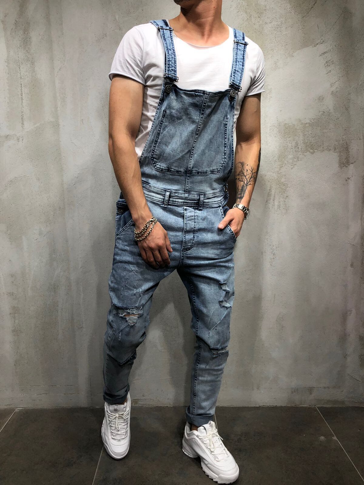 Men's Distressed Skinny Fit Denim Overalls-Modylol