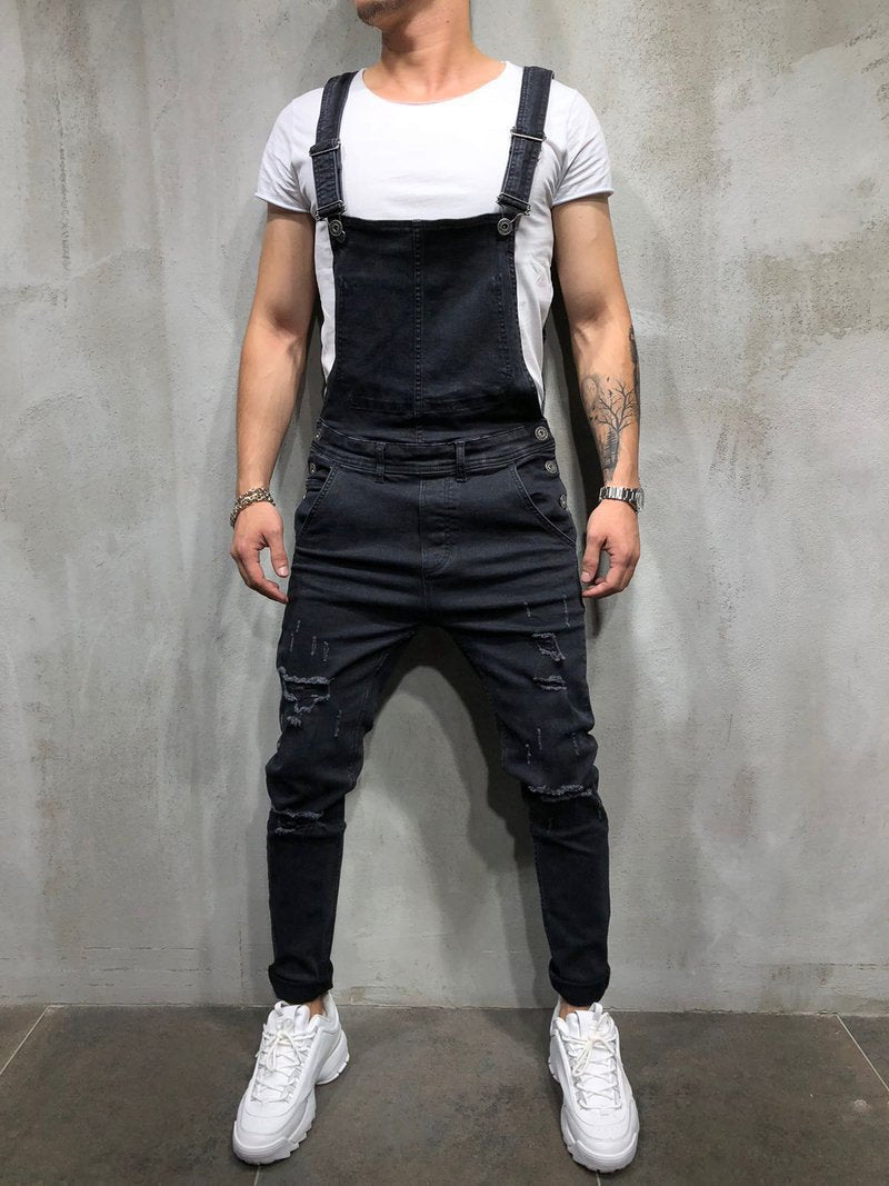 Men's Distressed Skinny Fit Denim Overalls-Modylol