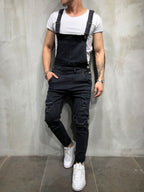 Men's Distressed Skinny Fit Denim Overalls-Modylol