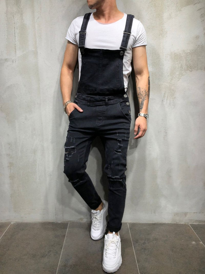 Men's Distressed Skinny Fit Denim Overalls-Modylol