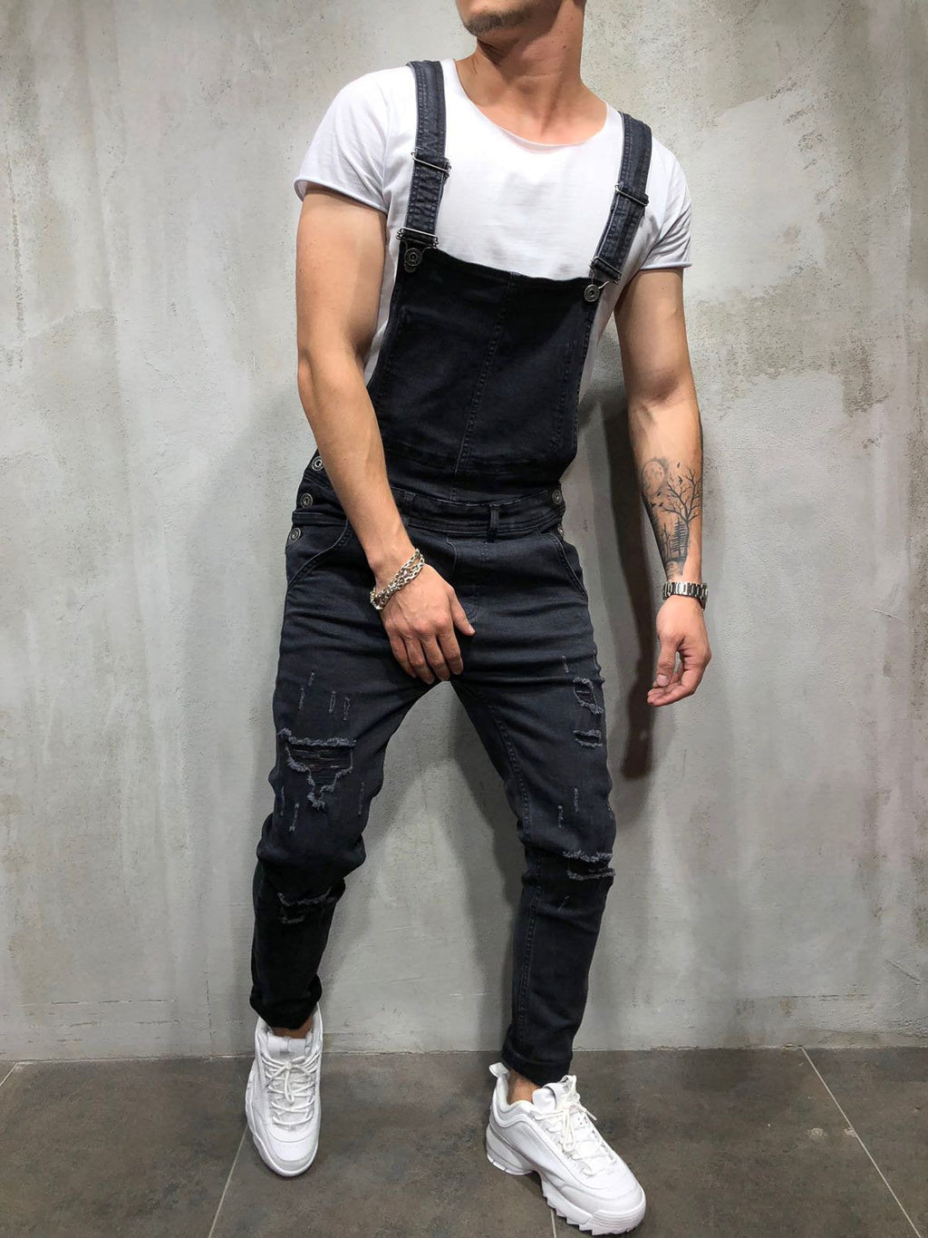 Men's Distressed Skinny Fit Denim Overalls-Modylol