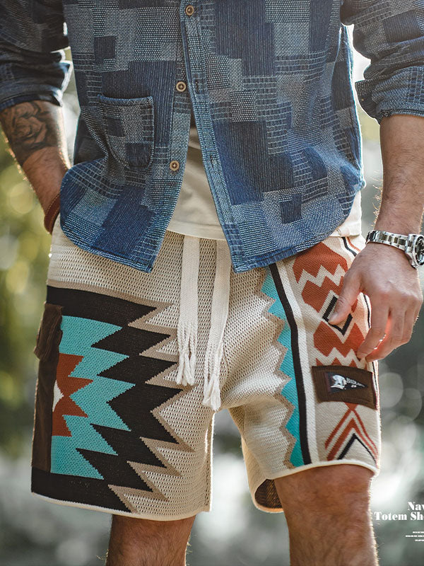 Men's Geometric Drawstring Shorts with Contrast Colors-Modylol