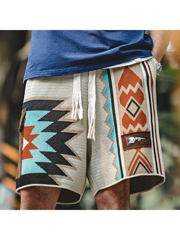 Men's Geometric Drawstring Shorts with Contrast Colors-Modylol