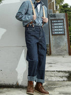 Men's Vintage Striped Straight Denim Suspender Overalls-Modylol