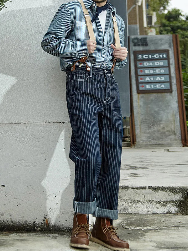 Men's Vintage Striped Straight Denim Suspender Overalls-Modylol