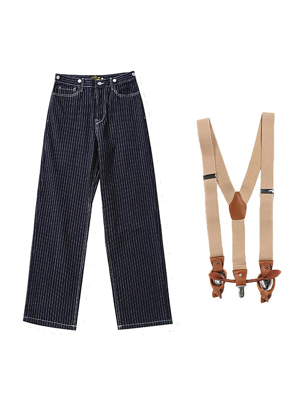 Men's Vintage Striped Straight Denim Suspender Overalls-Modylol