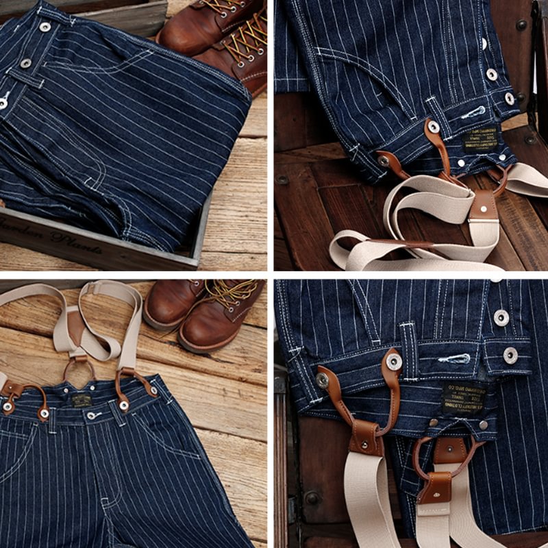 Men's Vintage Striped Straight Denim Suspender Overalls-Modylol