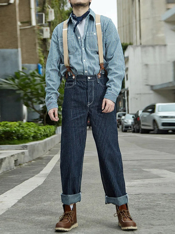 Men's Vintage Striped Straight Denim Suspender Overalls-Modylol